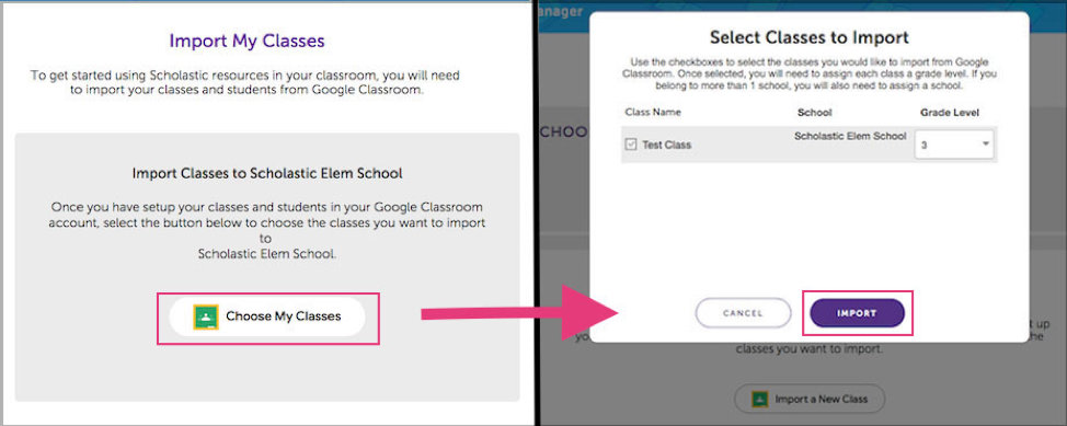 choose which Google classes to import to Scholastic Digital Manager