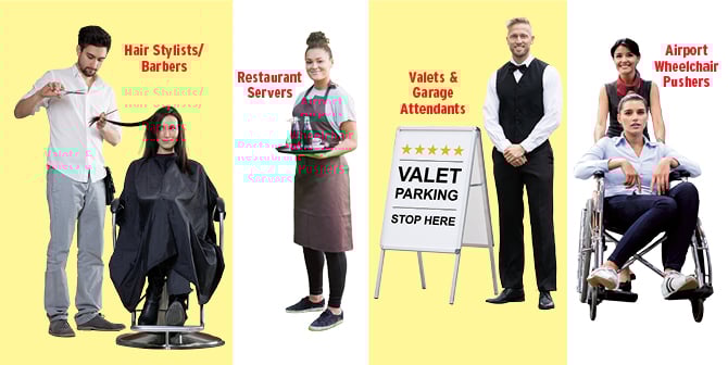 Enlargeable collage of people working different kinds of minimum wage jobs
