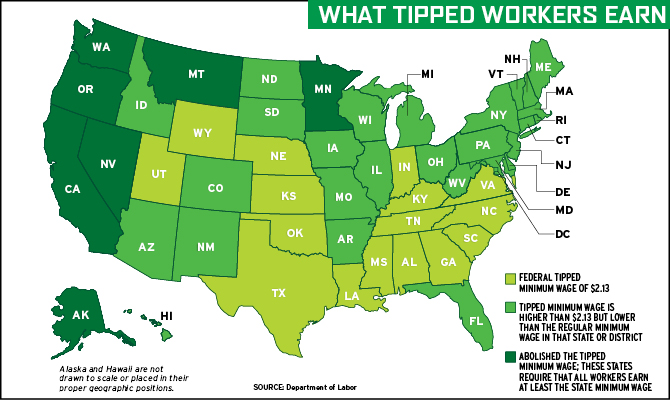 Enlargeable map showing tipped minimum wage laws by state