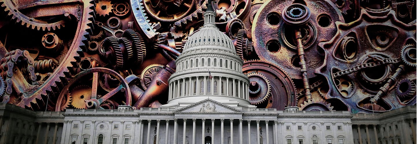 The Capitol building with rusty cogs in the background