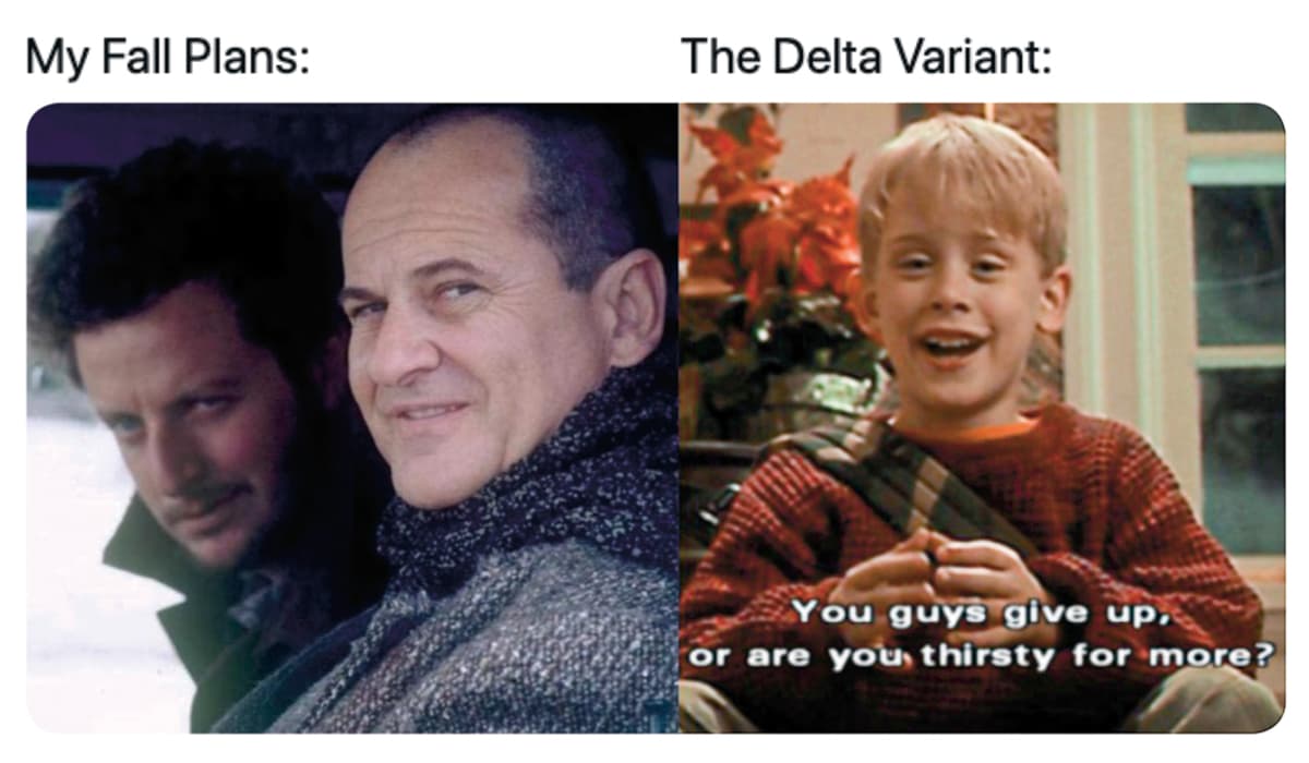 meme about fall plans and Covid delta variant with two men and a little boy