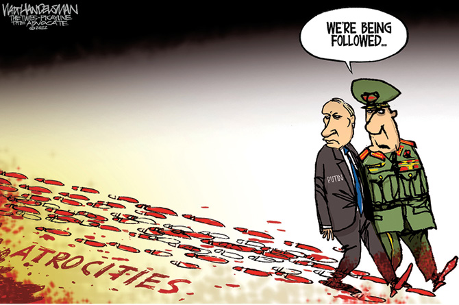 Comic of government looking at red footsteps labeled atrocities and saying, We're being followed