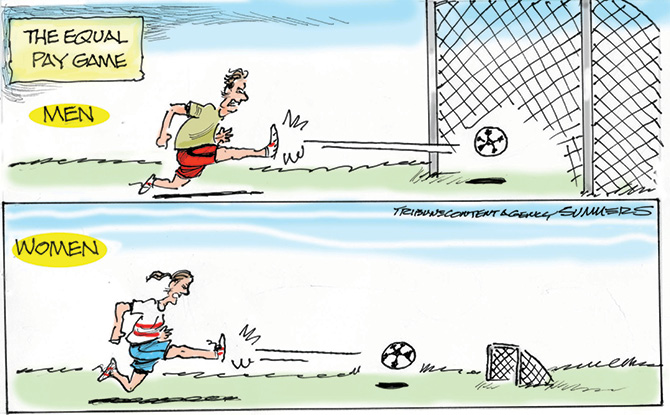 Comic showing the Equal Pay Game between men and women using different size soccer nets as metaphor