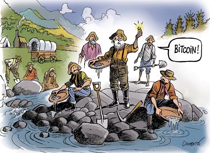 Comic mimicking the Gold Rush era and a person holding a coin and saying, "Bitcoin!"