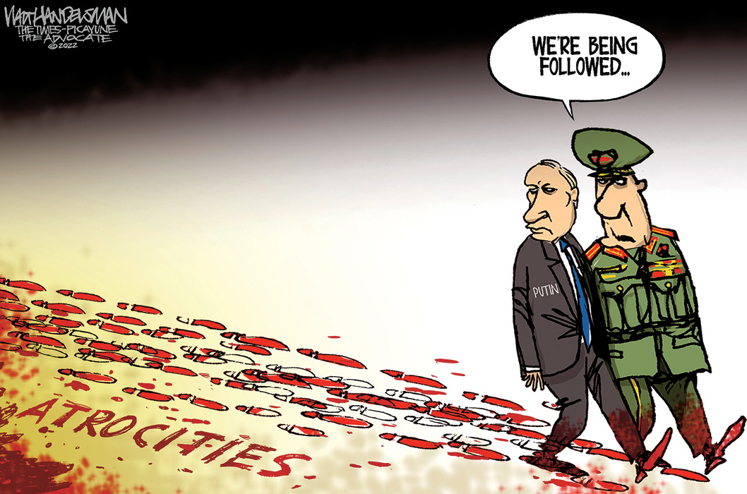 Comic of government looking at red footsteps labeled atrocities and saying, We're being followed