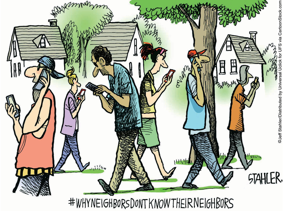 Comic showing various people using their phones while walking #WhyNeighborsDon'tKnowTheirNeighbors