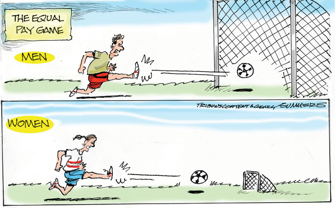 Comic showing the Equal Pay Game between men and women using different size soccer nets as metaphor