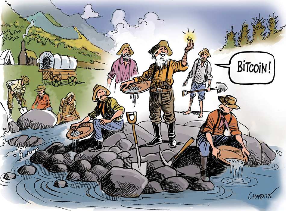 Comic mimicking the Gold Rush era and a person holding a coin and saying, "Bitcoin!"