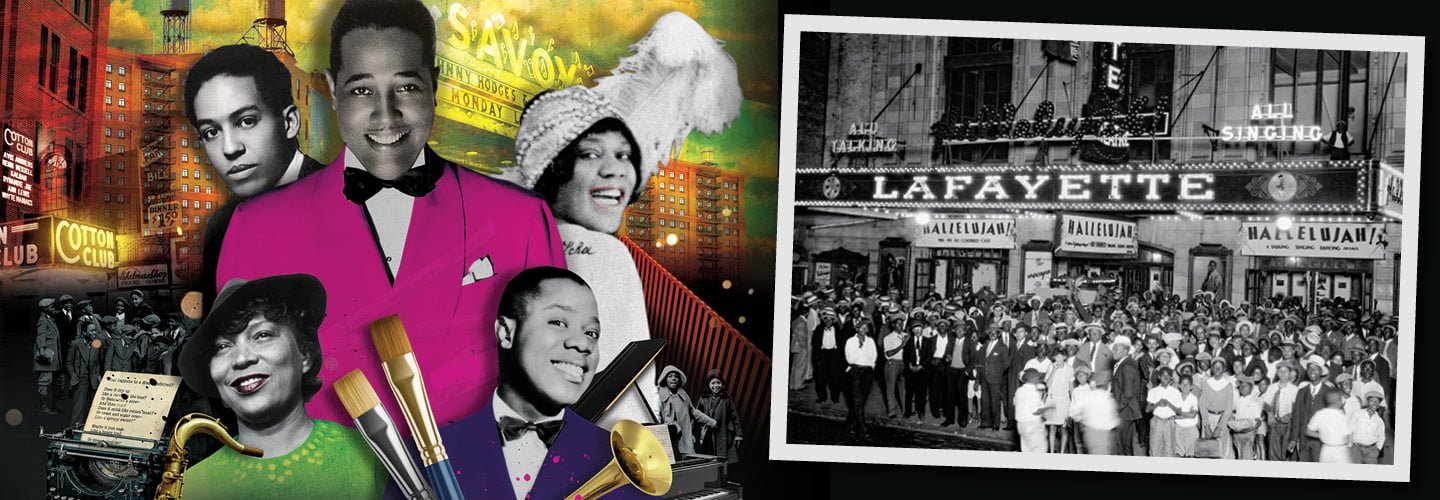 Collage of famous Harlem artists next to a black & white photo of a crowded theatre