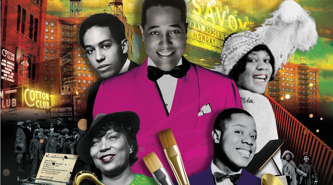 Collage of famous Harlem artists along with theatres featured in the background