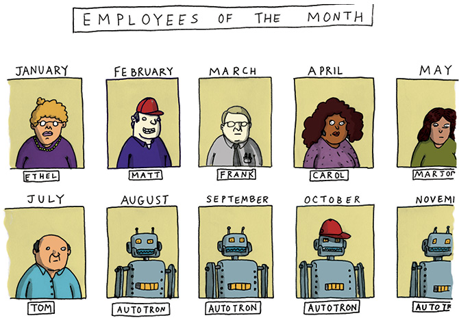 Enlargeable comic showing Employees of the Month with humans pictured and then a robot, Autotron