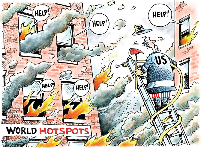 Comic of rooms on fire in buildings with sign, "World Hotspots" and U.S. as firefighter on a ladder