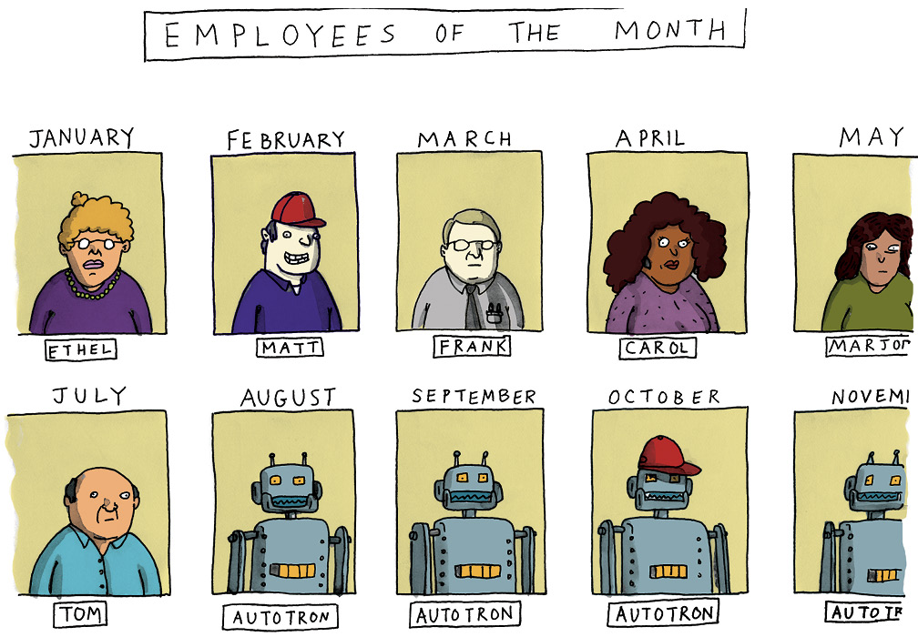 Comic showing Employees of the Month with humans pictured and then a robot, Autotron