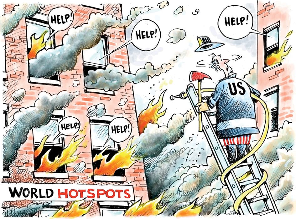 Comic of rooms on fire in buildings with sign, "World Hotspots" and U.S. as firefighter on a ladder