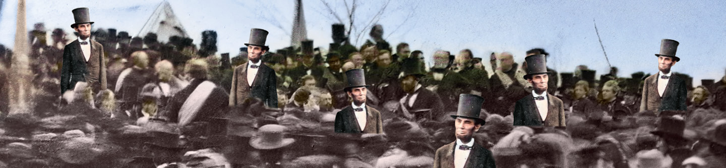 Image of multiple Abraham Lincolns in a crowd