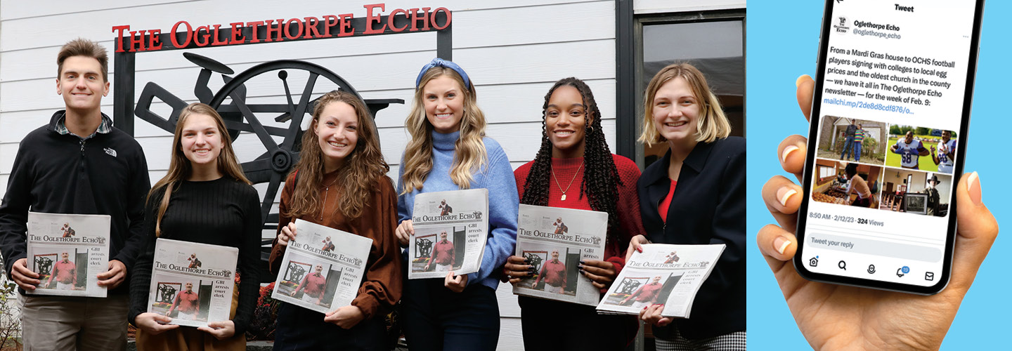 Photo of students holding a community newspaper and image on left is phone with notification
