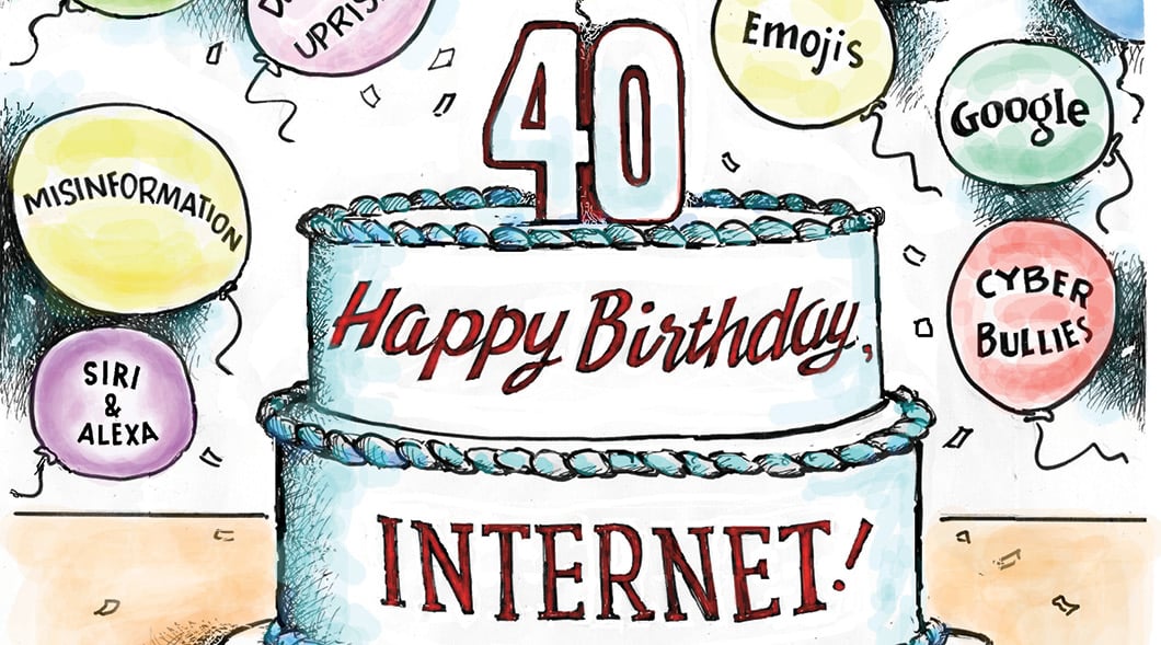 Illustration of a cake labeled as "40: Happy Birthday Internet!"