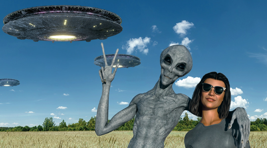 Image of a human and alien posing together with spaceships in the background