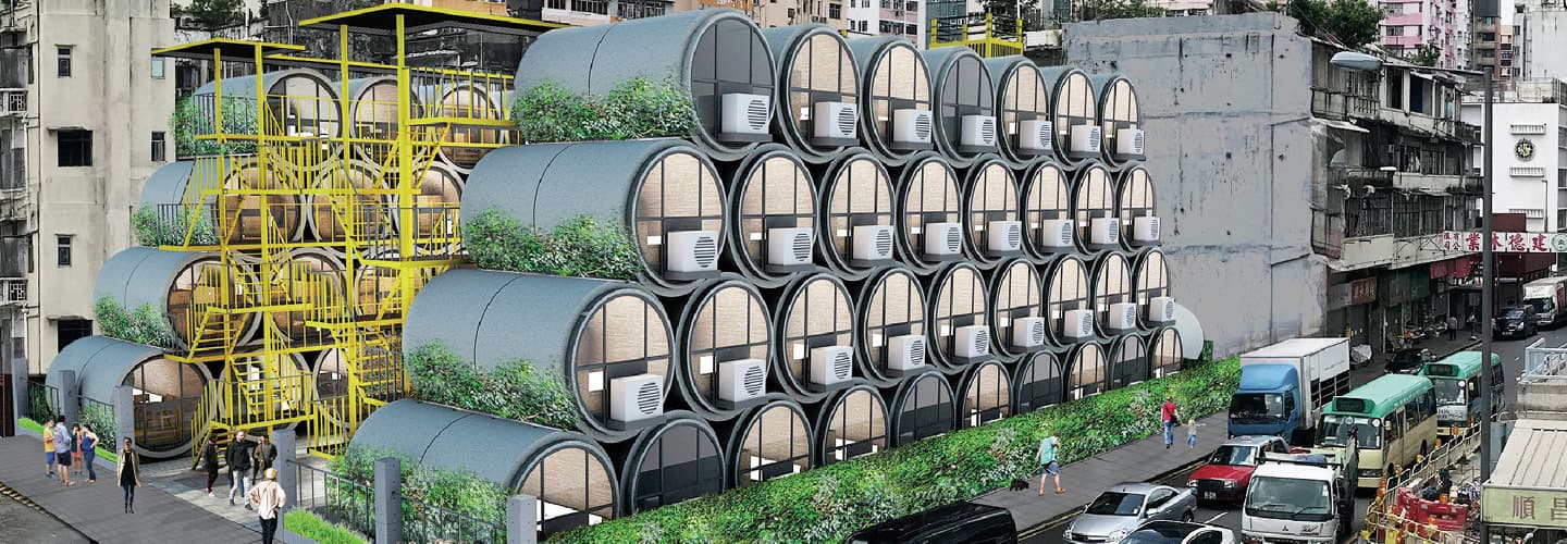 Digitial illustration of stacks of cylindrical air-conditioned greenhouses on a city street