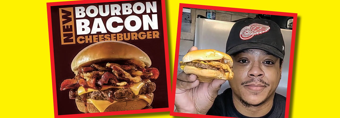 Image of an ad for a bourbon bacon cheeseburger and then image of a person holding one in real life