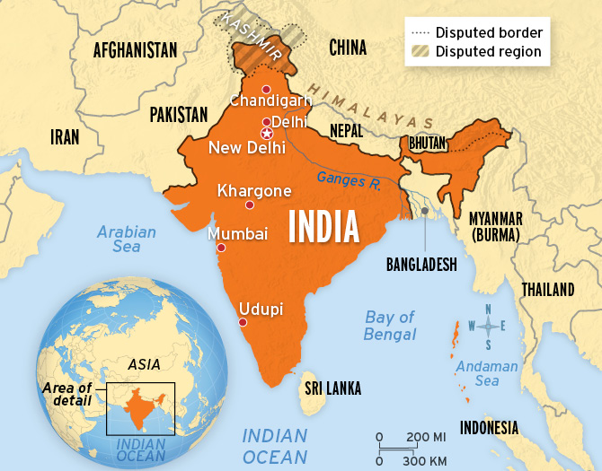 World map and then a closer view of India and its disputed border and disputed region
