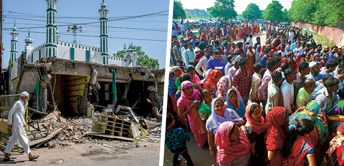 Two photos: one of a person walking in destroyed neighborhood and other of large crowd at the polls