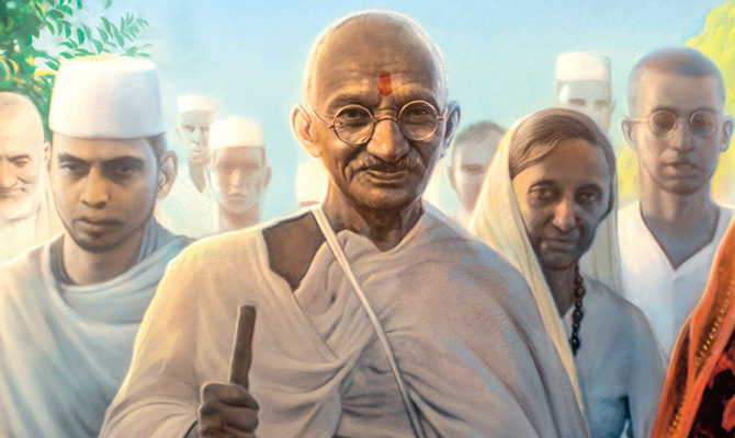Digital illustration of Gandhi and his followers