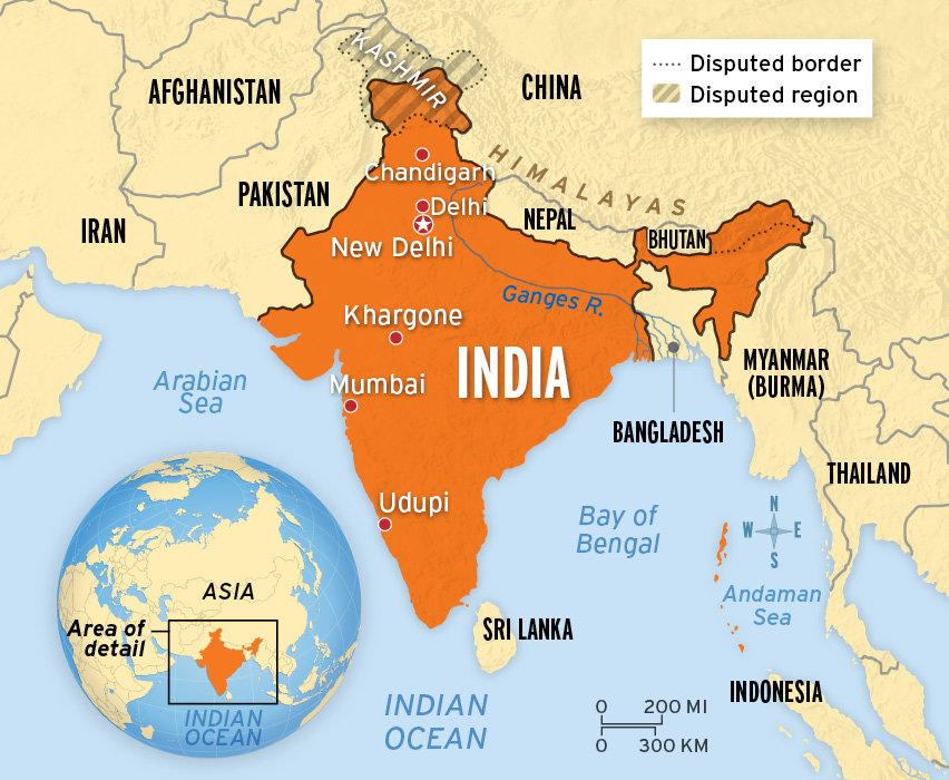 World map and then a closer view of India and its disputed border and disputed region