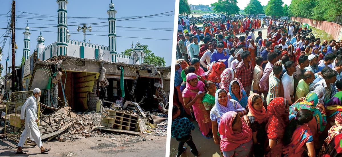 Two photos: one of a person walking in destroyed neighborhood and other of large crowd at the polls