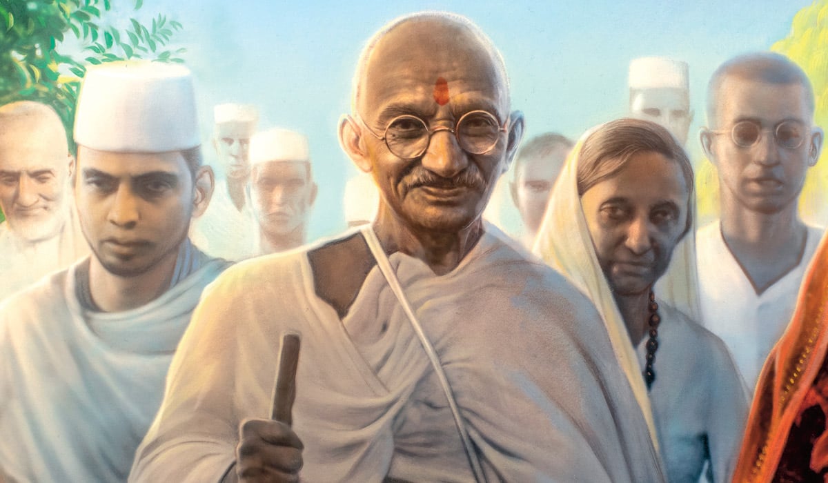 Digital illustration of Gandhi and his followers