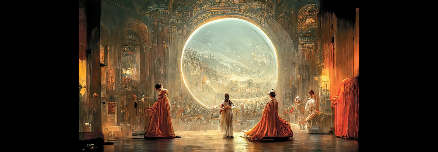 Illustration of a futuristic galaxy with people peering through a circular portal