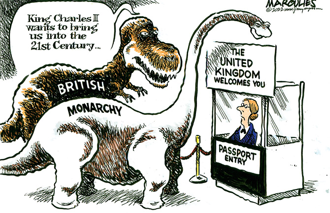 Comic of two dinosaurs labeled as British Monarchy, asking passport entry to be brought into present
