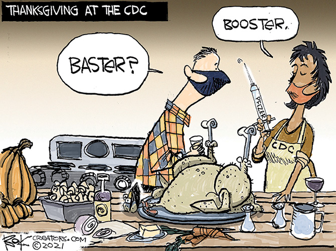 Comic of two people making Thanksgiving dinner at the CDC. Man asks, "Baster?" Woman says, "Booster"