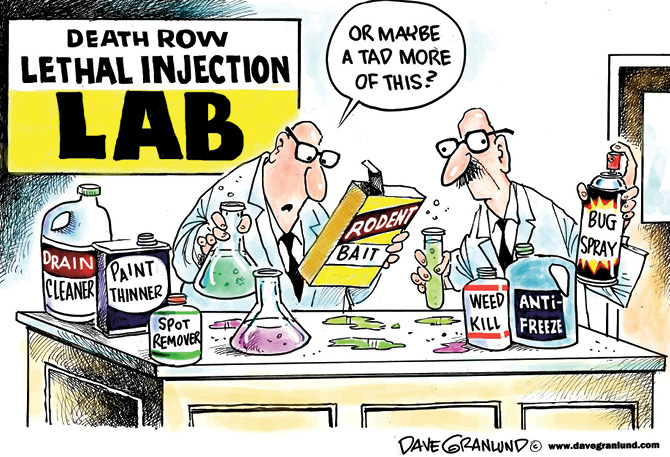 Comic of two scientists looking through different poisons. Sign says, Death Row Lethal Injection Lab