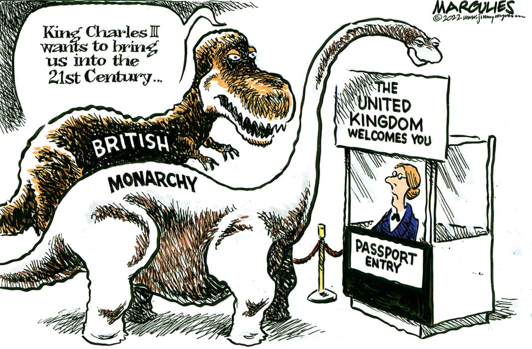 Comic of two dinosaurs labeled as British Monarchy, asking passport entry to be brought into present