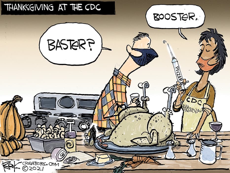 Comic of two people making Thanksgiving dinner at the CDC. Man asks, "Baster?" Woman says, "Booster"