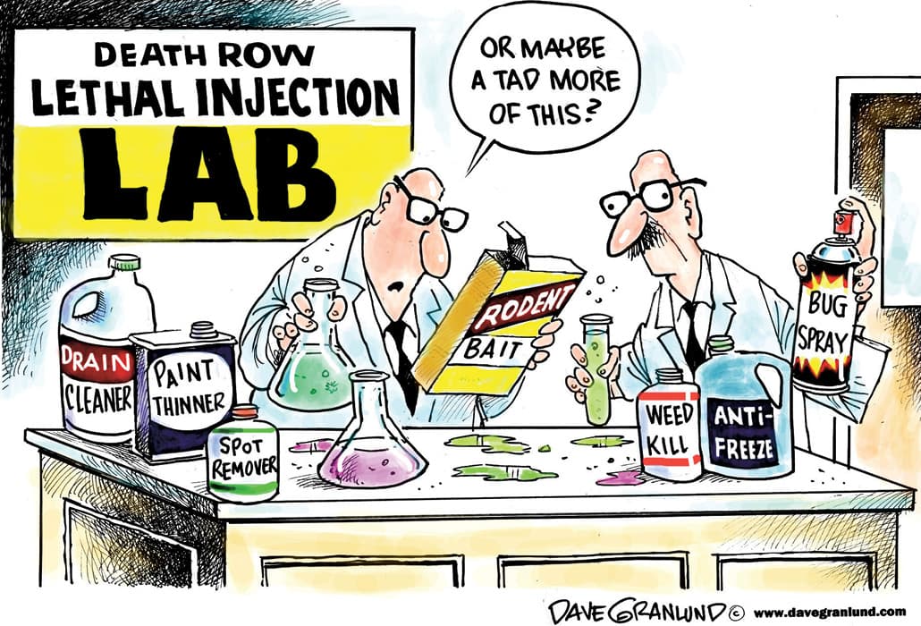 Comic of two scientists looking through different poisons. Sign says, Death Row Lethal Injection Lab