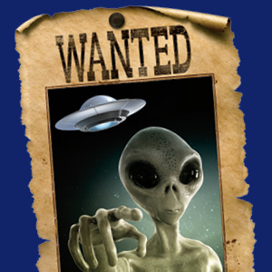 Graphic of a "Wanted" poster with an alien and a spaceship on it