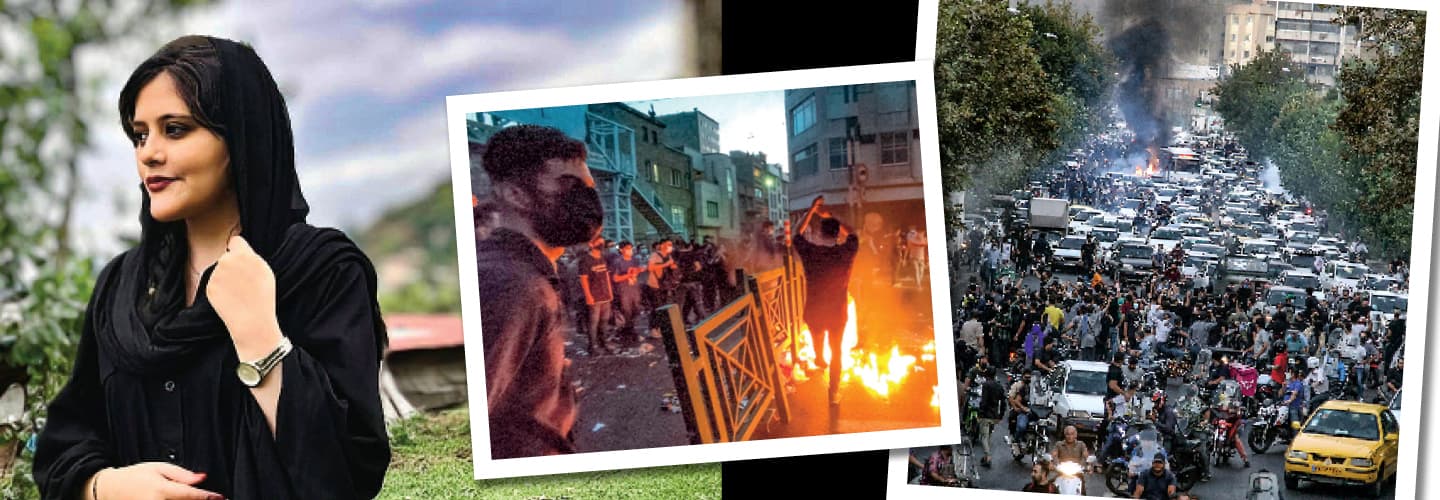 Image of an Iranian woman next to two photos of violent protests