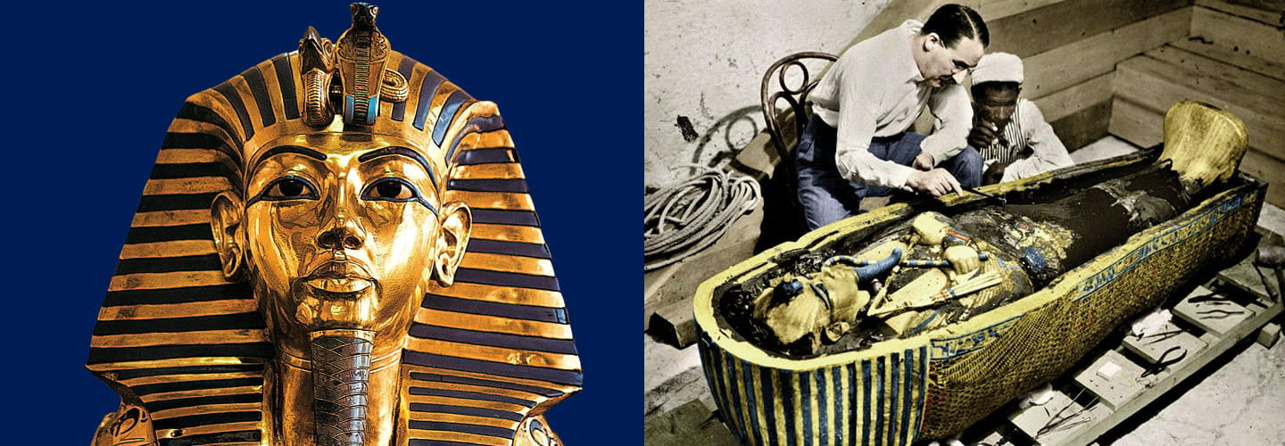 Image of a golden death mask of King Tut and image of the pharoah&apos;s tomb being examined