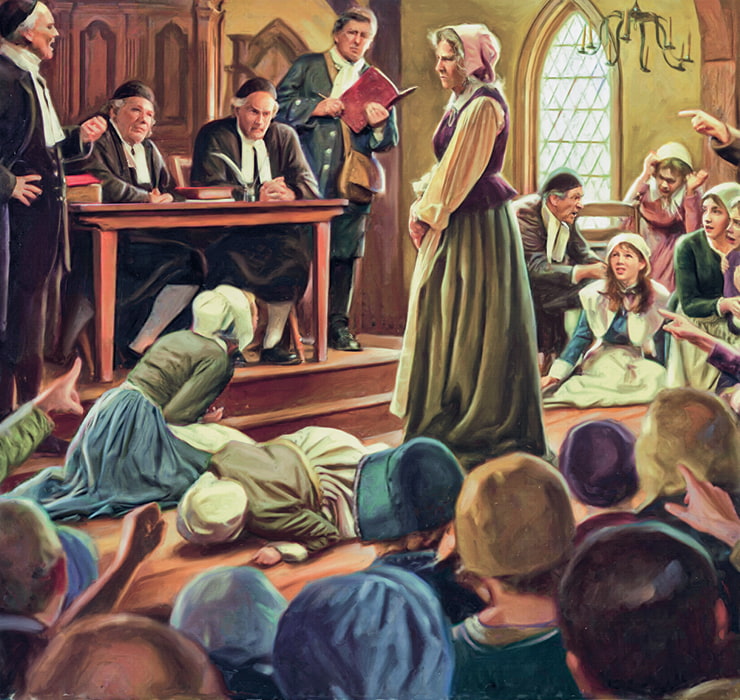 Illustration of a woman on trial being accused as a witch in Salem, MA