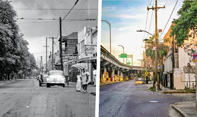 Enlargeable images of same street. One black & white photo and the other taken in modern day