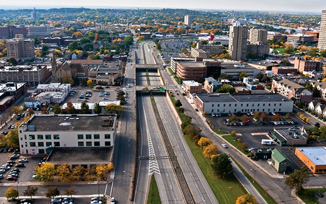 Enlargeable image of a highway going through a town