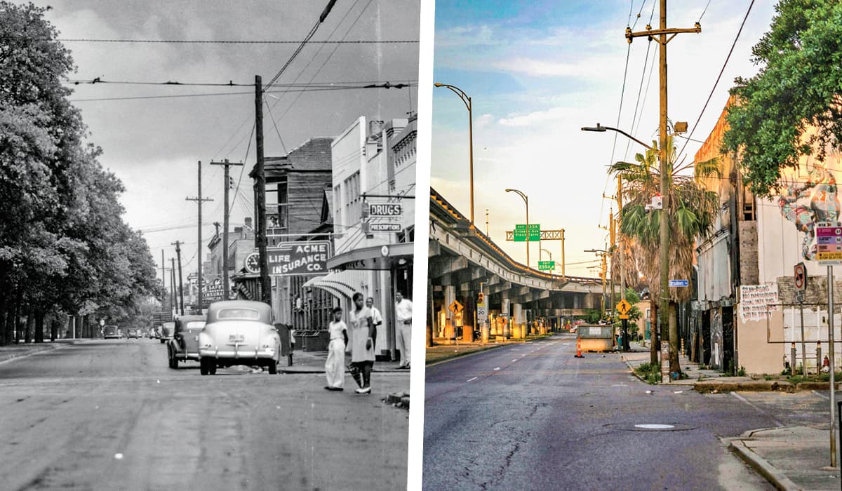 Two images of same street. One back in the day of a black & white photo and the other in modern day