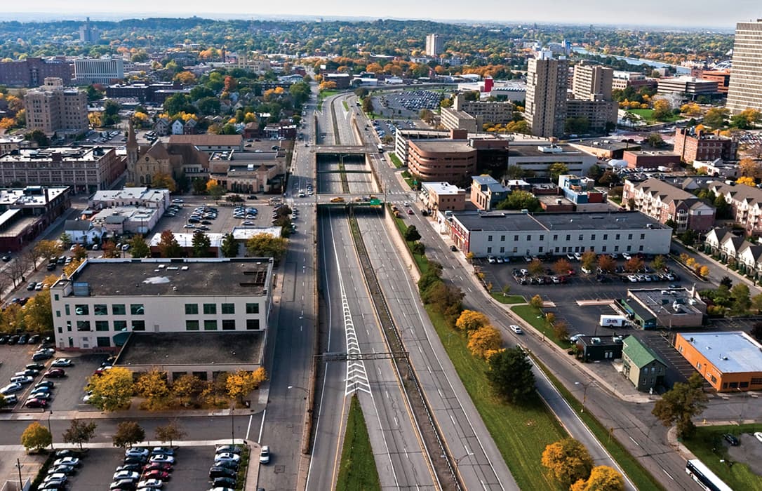 Image of a highway going through a town