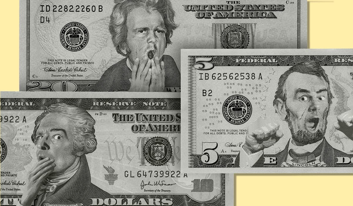 Image of twenty, ten, and five dollar bill with Presidents making silly faces