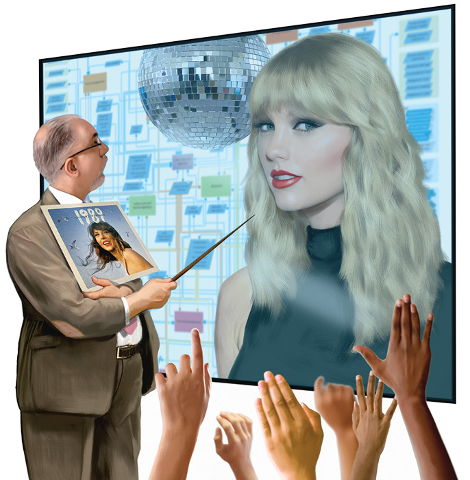Image of a professor holding Taylor Swift's 1989 album and people raising their hands