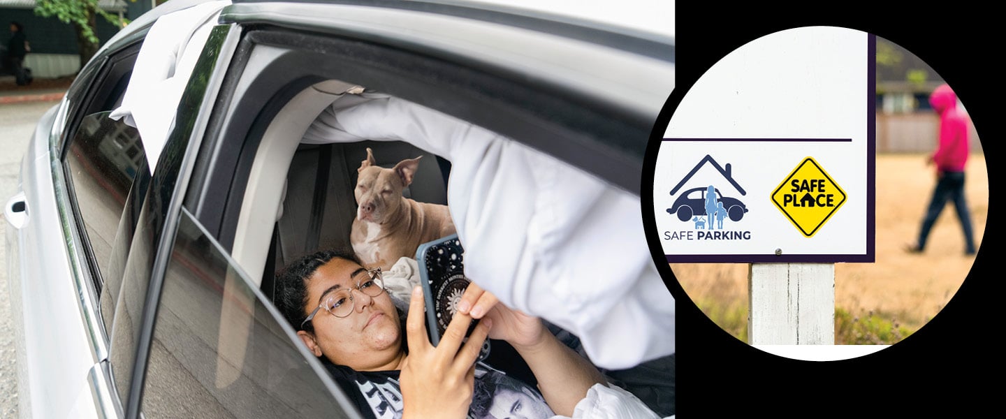 Photo of a person laying in their car with their dog & image of sign, "Safe Place"