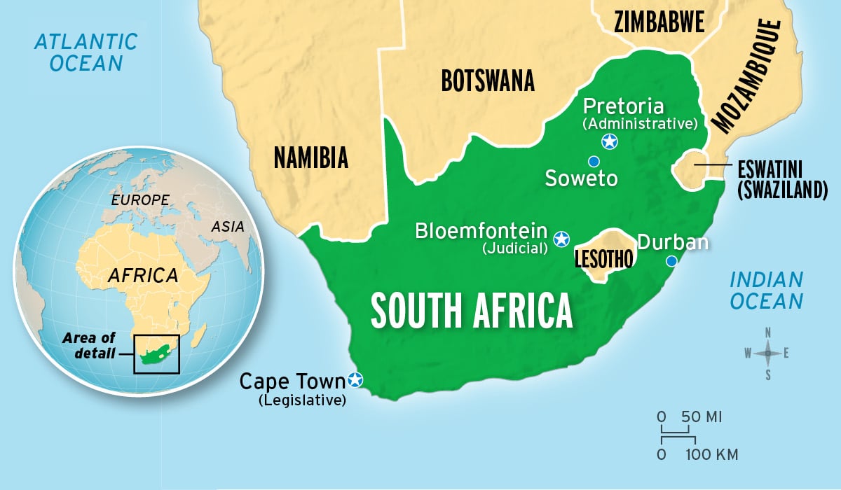 World map highlighting South Africa