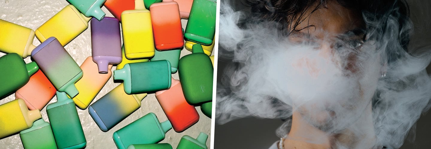 Image of colorful vapes next to person blowing cloud of smoke